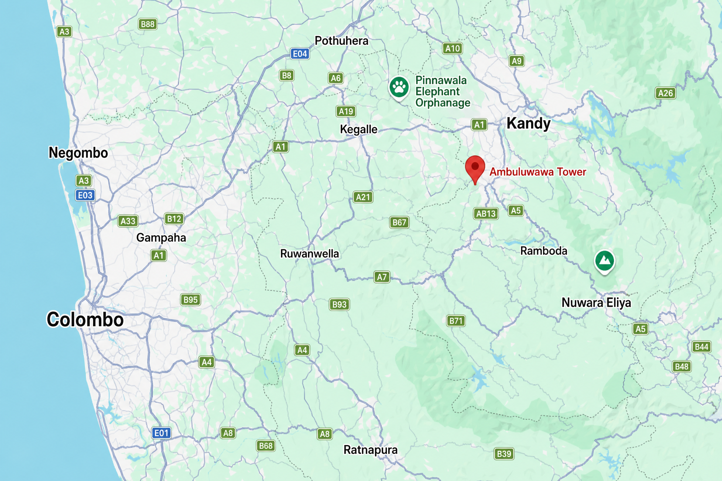 Location map of Ambuluwawa Tower near Gampola and Kandy