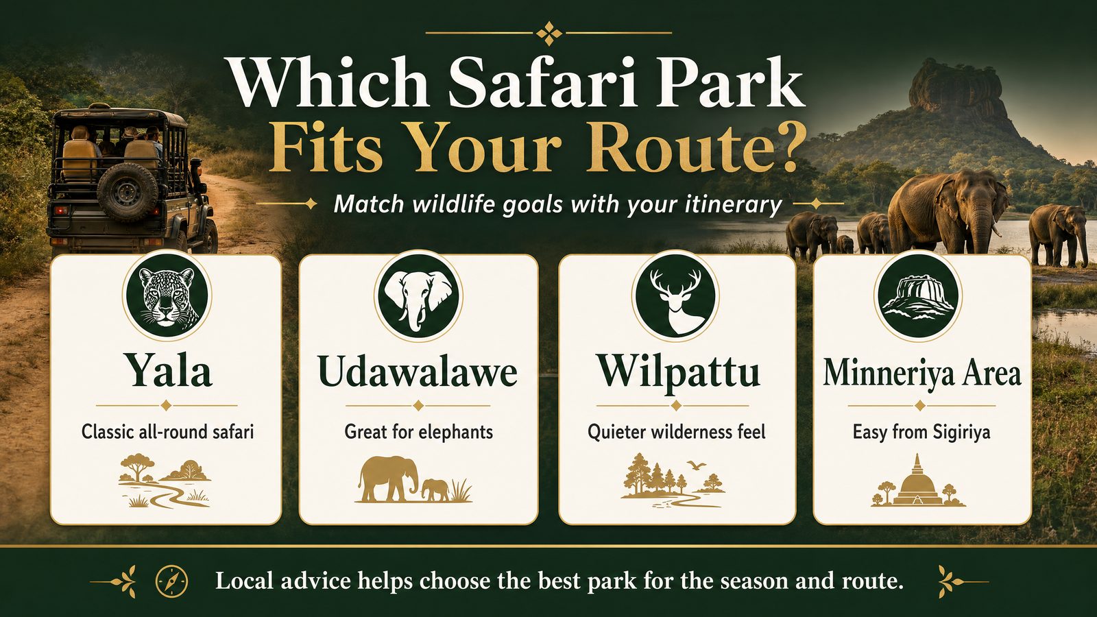 English infographic comparing Yala Udawalawe Wilpattu and Minneriya area safari route fit
