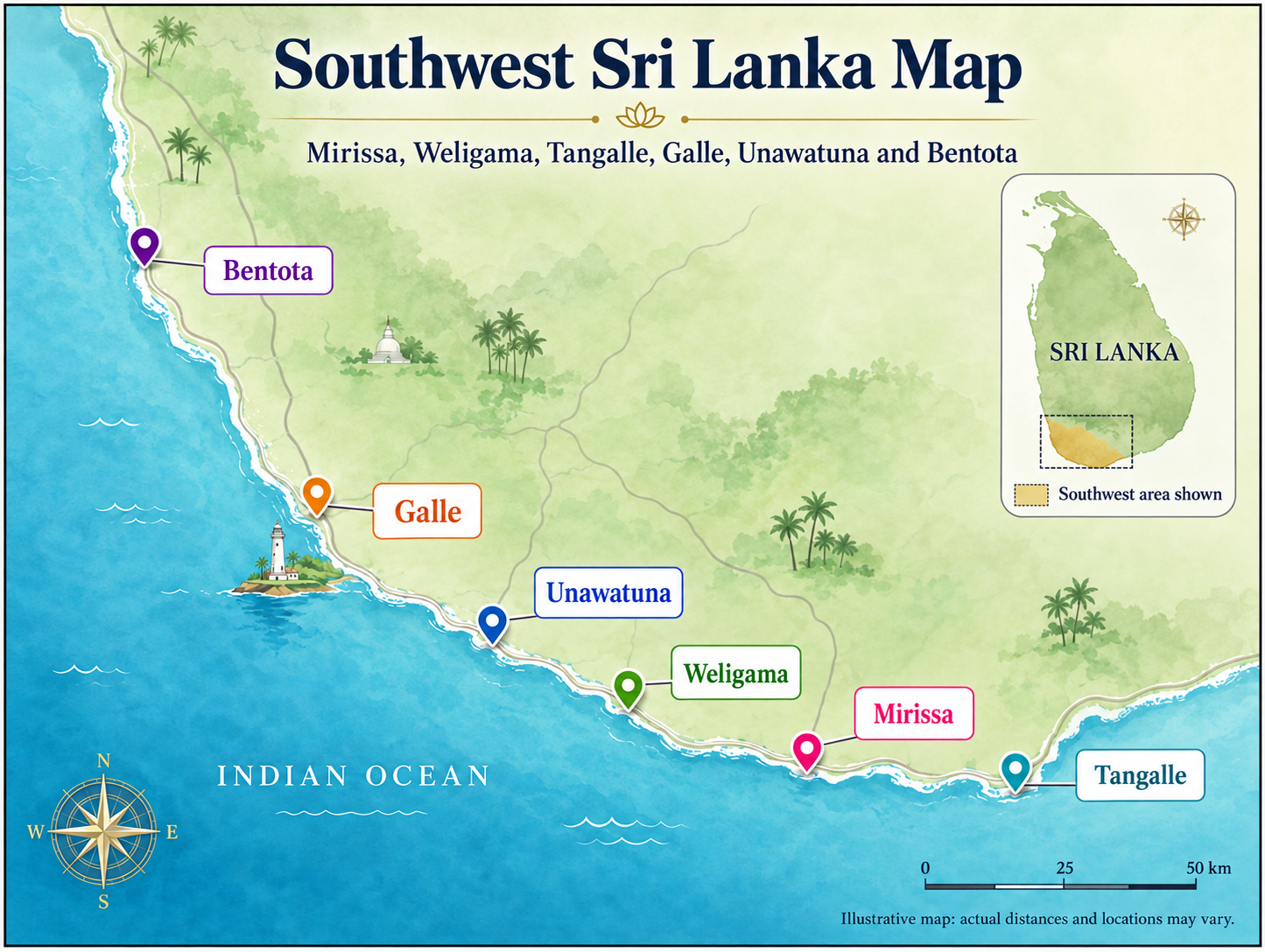 Southwest Sri Lanka beach map