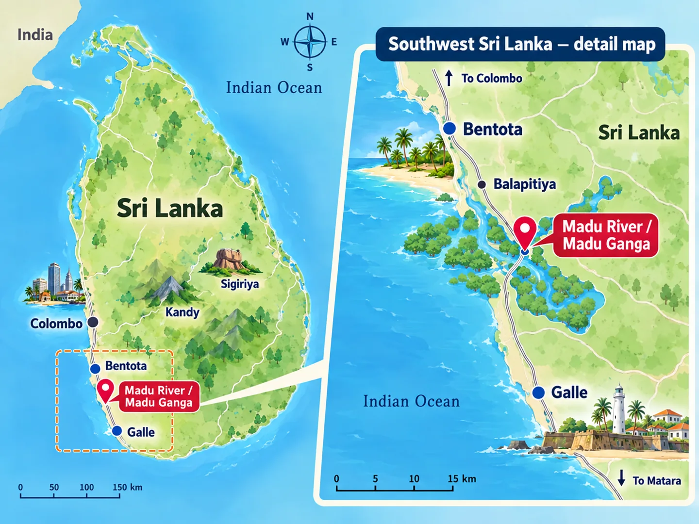 Map of Madu River on Sri Lanka’s southwest coast, showing Bentota, Balapitiya and Galle