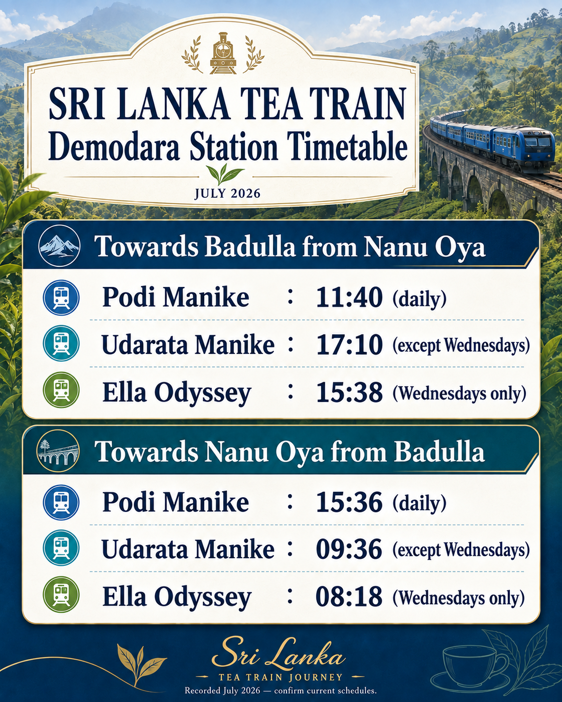 English Demodara timetable recorded in July 2026